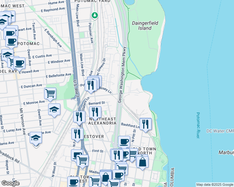 map of restaurants, bars, coffee shops, grocery stores, and more near 1606 West Abingdon Drive in Alexandria