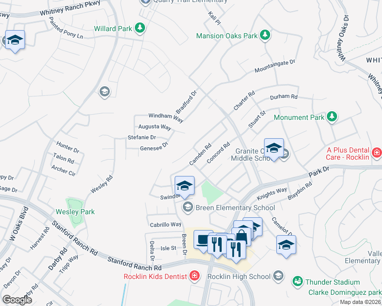 map of restaurants, bars, coffee shops, grocery stores, and more near 5107 Charter Court in Rocklin