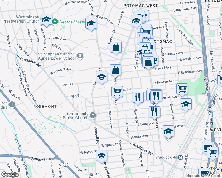 map of restaurants, bars, coffee shops, grocery stores, and more near 1706 Commonwealth Avenue in Alexandria