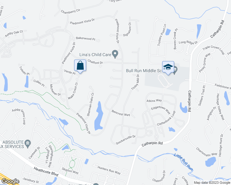 map of restaurants, bars, coffee shops, grocery stores, and more near 5804 Brandon Hill Loop in Haymarket