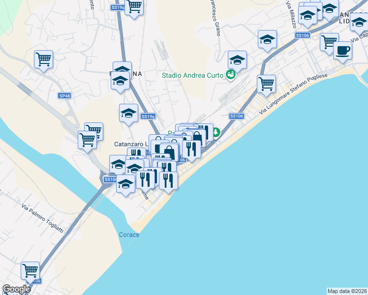 map of restaurants, bars, coffee shops, grocery stores, and more near 50 Via Torrazzo in Catanzaro