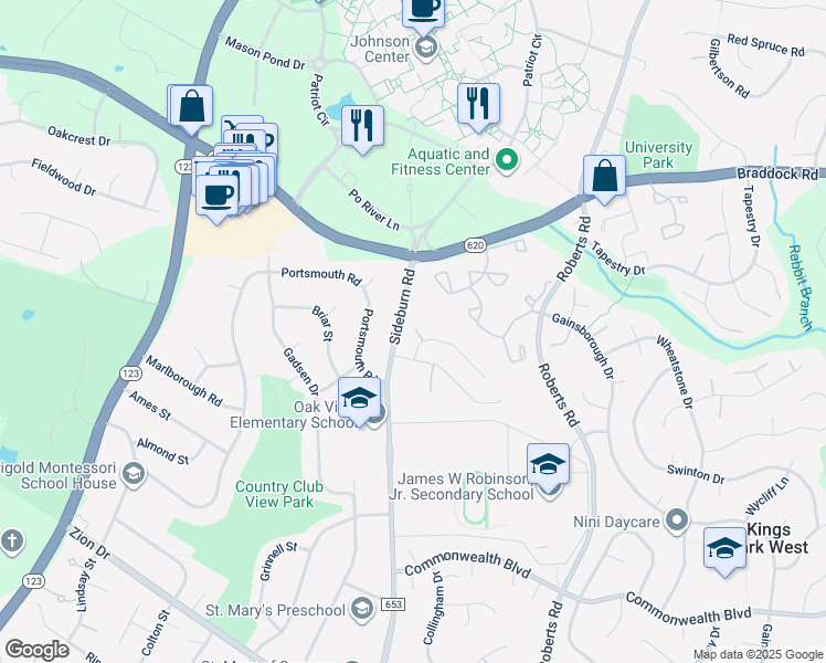 map of restaurants, bars, coffee shops, grocery stores, and more near 10429 Headly Court in Fairfax