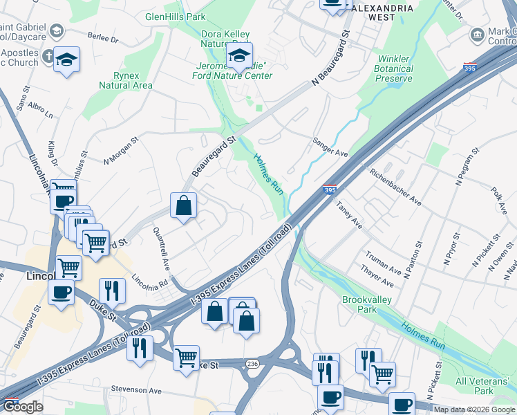 map of restaurants, bars, coffee shops, grocery stores, and more near 5400 North Morgan Street in Alexandria