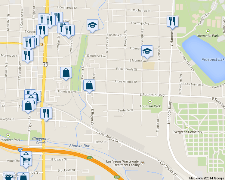 map of restaurants, bars, coffee shops, grocery stores, and more near 718 East Fountain Boulevard in Colorado Springs