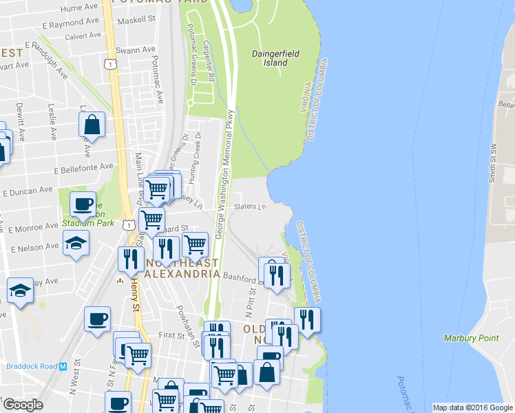 map of restaurants, bars, coffee shops, grocery stores, and more near 500-552 Slaters Lane in Alexandria