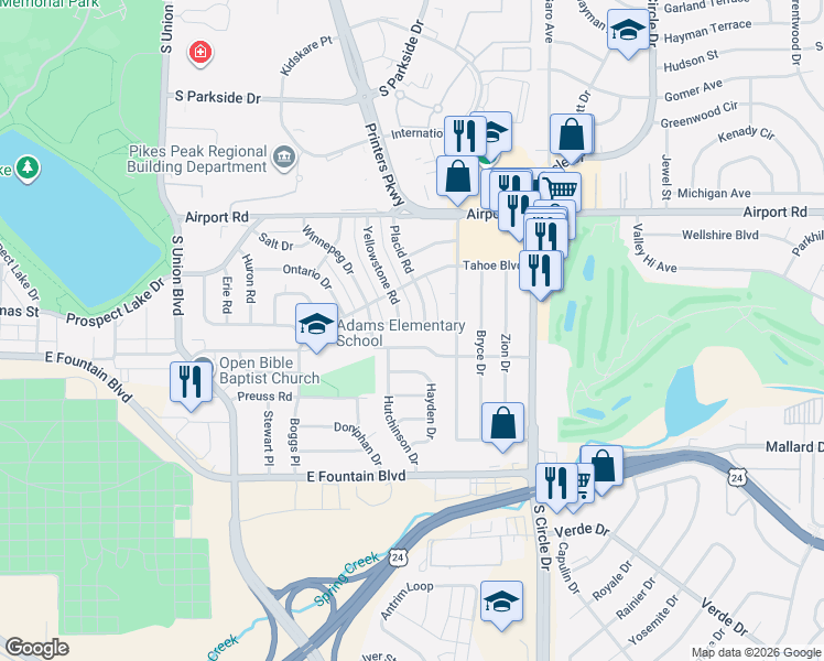 map of restaurants, bars, coffee shops, grocery stores, and more near 719 Winnepeg Drive in Colorado Springs