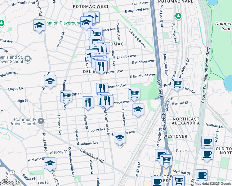 map of restaurants, bars, coffee shops, grocery stores, and more near 1706 Dewitt Avenue in Alexandria