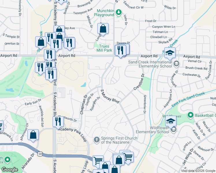 map of restaurants, bars, coffee shops, grocery stores, and more near 4130 Solarface Court in Colorado Springs