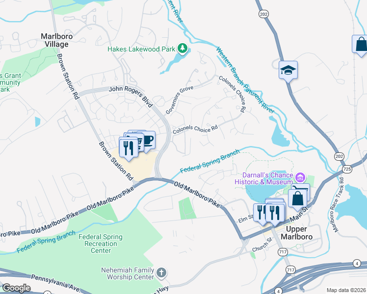 map of restaurants, bars, coffee shops, grocery stores, and more near 14251 Hampshire Hall Court in Upper Marlboro