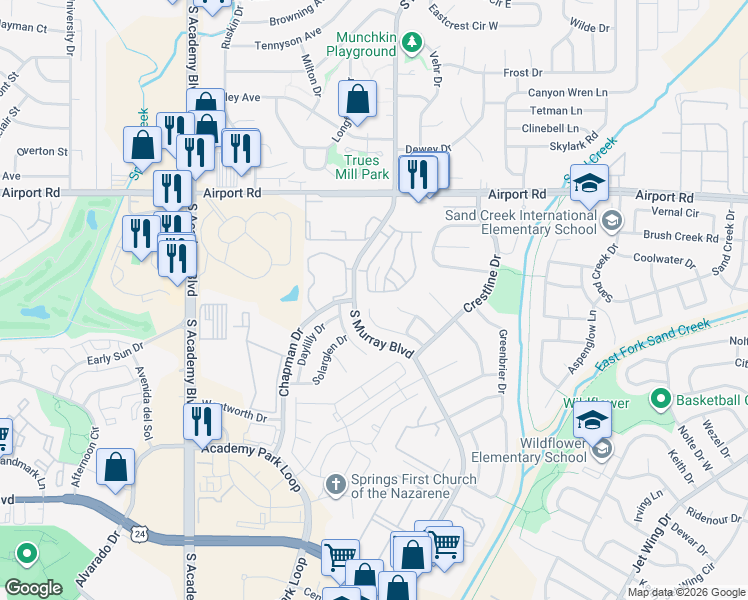 map of restaurants, bars, coffee shops, grocery stores, and more near 4130 Solarface Court in Colorado Springs