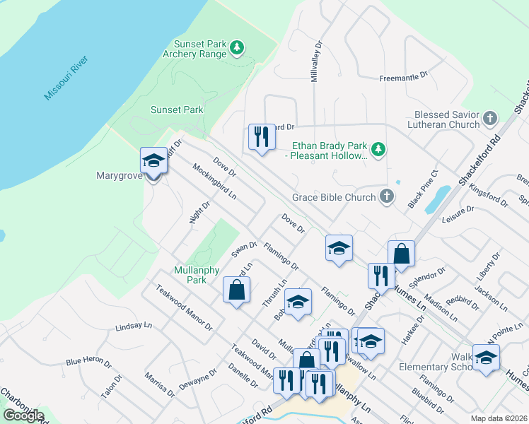map of restaurants, bars, coffee shops, grocery stores, and more near 1535 Starling Drive in Florissant