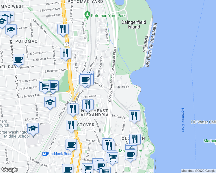 map of restaurants, bars, coffee shops, grocery stores, and more near 1618 West Abingdon Drive in Alexandria