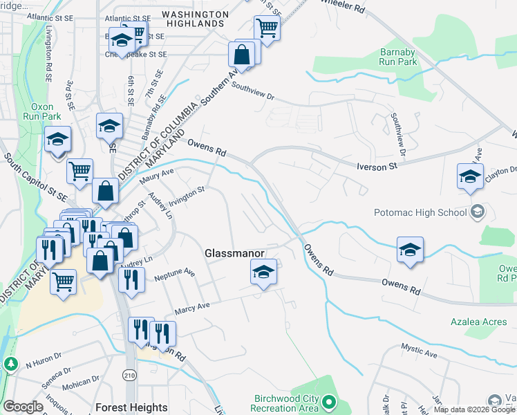 map of restaurants, bars, coffee shops, grocery stores, and more near 1108 Kennebec Street in Oxon Hill