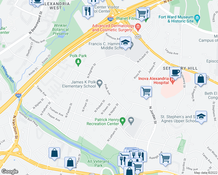 map of restaurants, bars, coffee shops, grocery stores, and more near 801 Rapidan Court in Alexandria