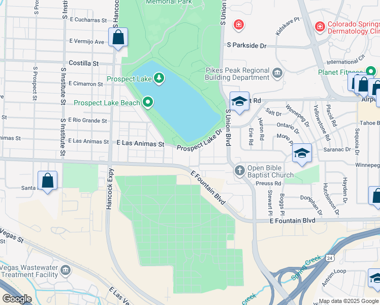 map of restaurants, bars, coffee shops, grocery stores, and more near 836 Prospect Lake Drive in Colorado Springs
