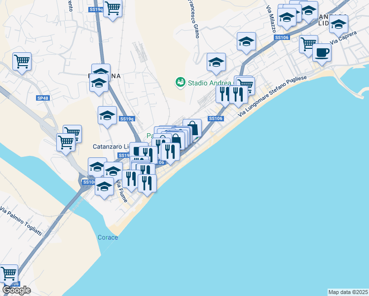 map of restaurants, bars, coffee shops, grocery stores, and more near Via Lungomare Stefano Pugliese in Catanzaro