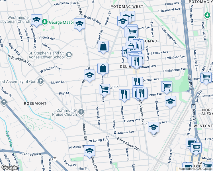 map of restaurants, bars, coffee shops, grocery stores, and more near 6 East Cliff Street in Alexandria