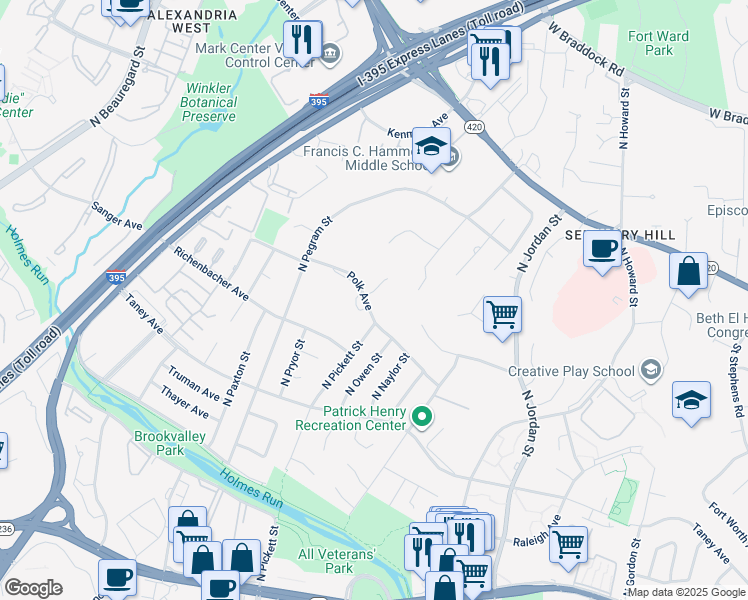 map of restaurants, bars, coffee shops, grocery stores, and more near 801 Rapidan Court in Alexandria
