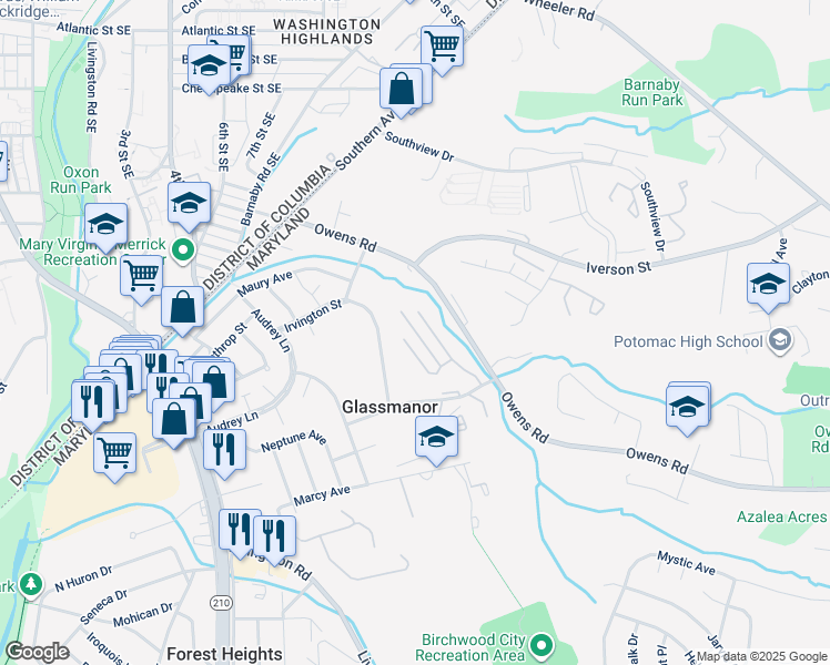 map of restaurants, bars, coffee shops, grocery stores, and more near 1108 Kennebec Street in Oxon Hill