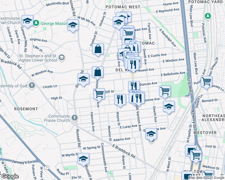 map of restaurants, bars, coffee shops, grocery stores, and more near 106 East Cliff Street in Alexandria