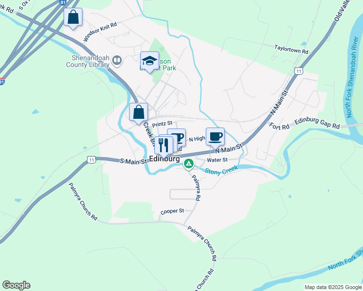 map of restaurants, bars, coffee shops, grocery stores, and more near 110 Center Street in Edinburg