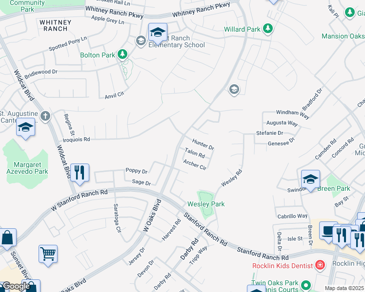 map of restaurants, bars, coffee shops, grocery stores, and more near 1801 Talon Road in Rocklin