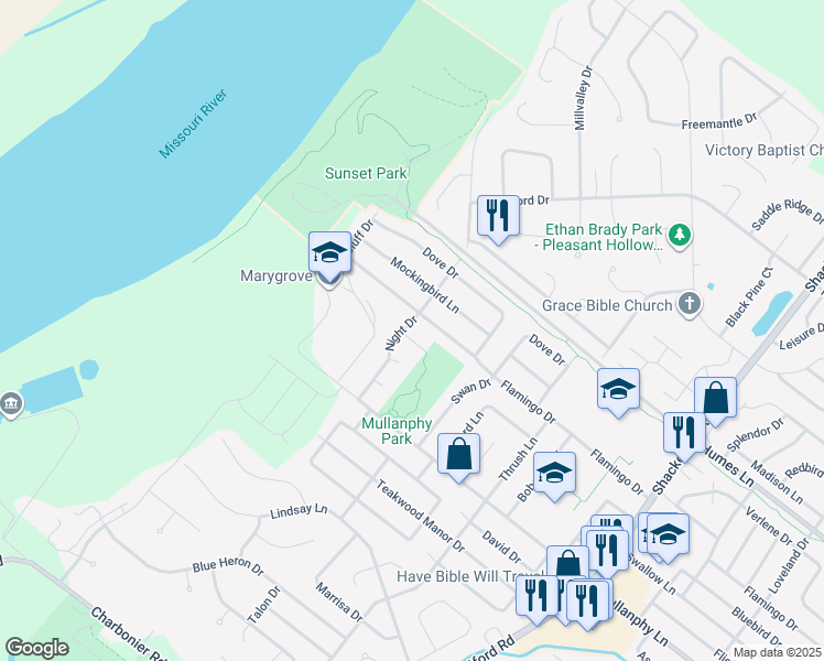 map of restaurants, bars, coffee shops, grocery stores, and more near 1450 Night Drive in Florissant