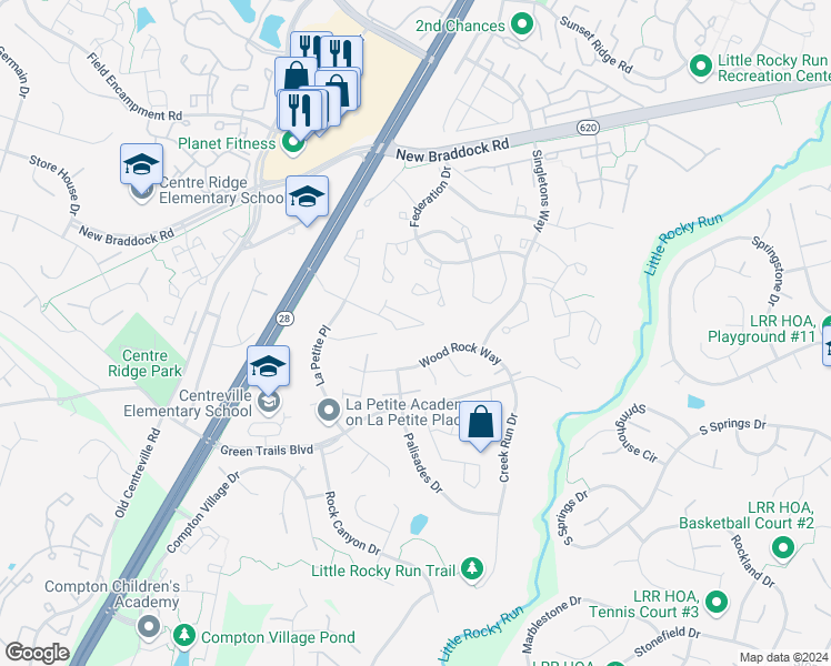 map of restaurants, bars, coffee shops, grocery stores, and more near 14070 Darkwood Circle in Centreville