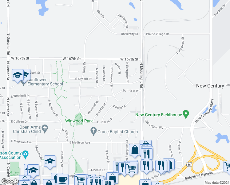 map of restaurants, bars, coffee shops, grocery stores, and more near 716 Parma Way in Gardner