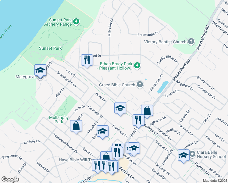 map of restaurants, bars, coffee shops, grocery stores, and more near 2033 Foggy Bottom Drive in Florissant