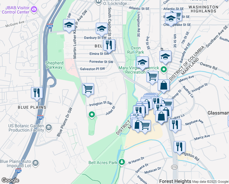 map of restaurants, bars, coffee shops, grocery stores, and more near 4734 South Capitol Terrace Southwest in Washington