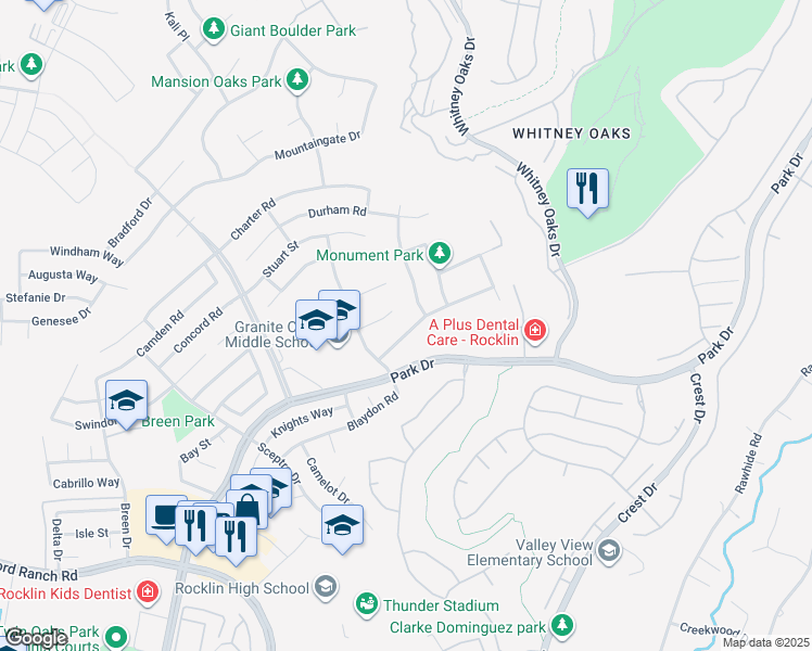 map of restaurants, bars, coffee shops, grocery stores, and more near 4532 Shenandoah Road in Rocklin