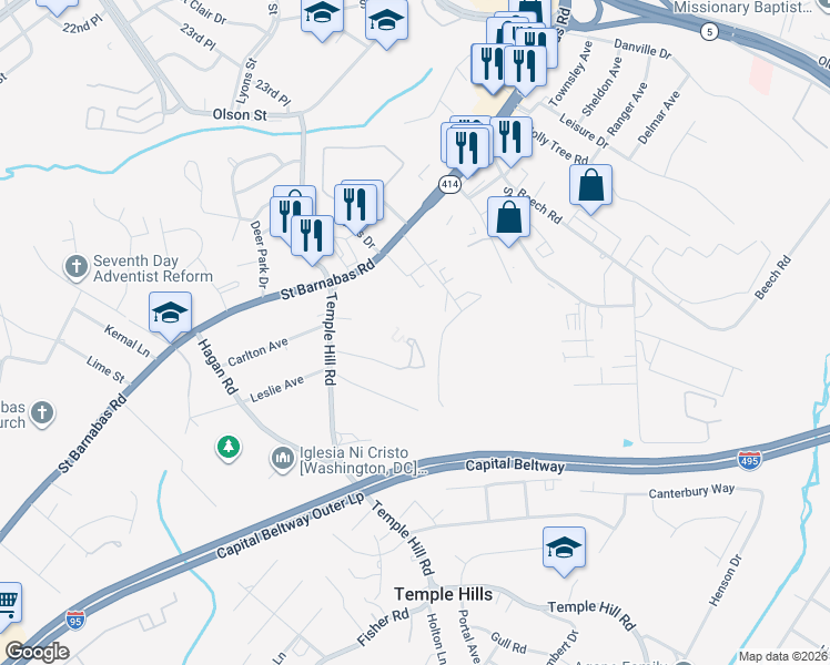 map of restaurants, bars, coffee shops, grocery stores, and more near 3420 Rickey Avenue in Temple Hills