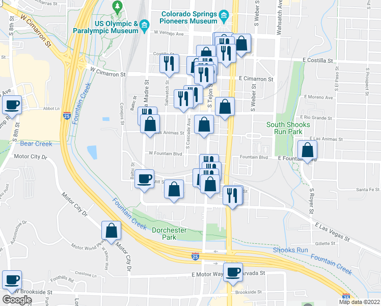 map of restaurants, bars, coffee shops, grocery stores, and more near 901 South Cascade Avenue in Colorado Springs