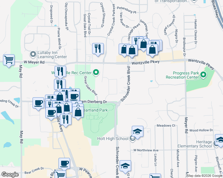 map of restaurants, bars, coffee shops, grocery stores, and more near 10 Cox Lane in Wentzville