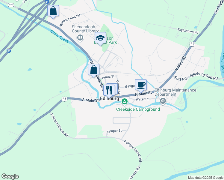 map of restaurants, bars, coffee shops, grocery stores, and more near 107 South High Street in Edinburg