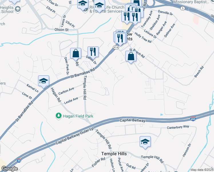 map of restaurants, bars, coffee shops, grocery stores, and more near 3420 Rickey Avenue in Temple Hills