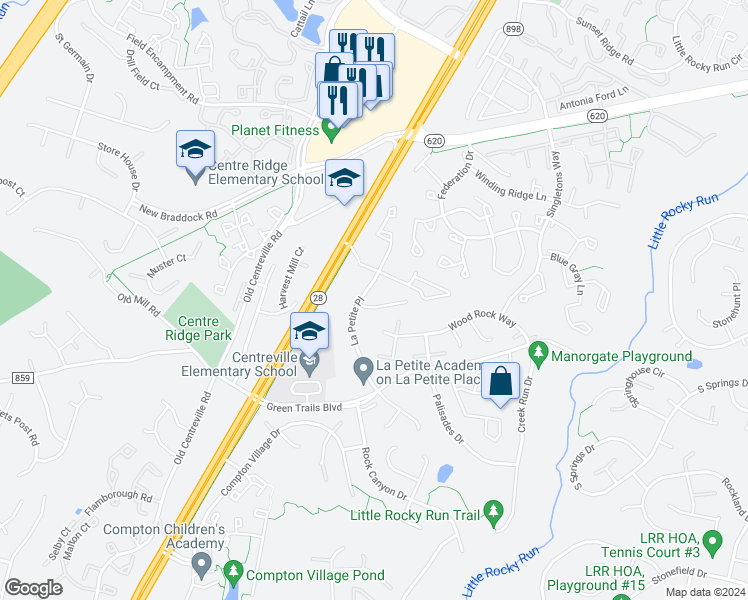map of restaurants, bars, coffee shops, grocery stores, and more near 14162 Coble Laskey Court in Centreville