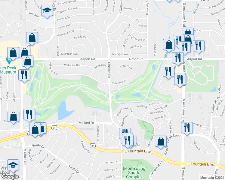map of restaurants, bars, coffee shops, grocery stores, and more near 3305 Valley Hi Avenue in Colorado Springs