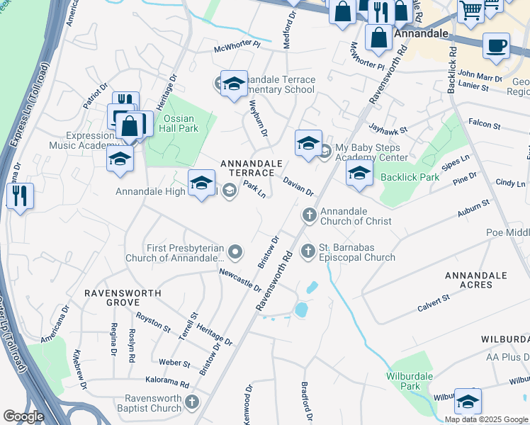 map of restaurants, bars, coffee shops, grocery stores, and more near 4753 Pomponio Place in Annandale