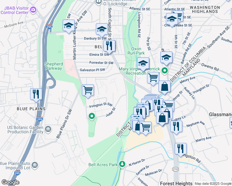 map of restaurants, bars, coffee shops, grocery stores, and more near 4734 South Capitol Terrace Southwest in Washington
