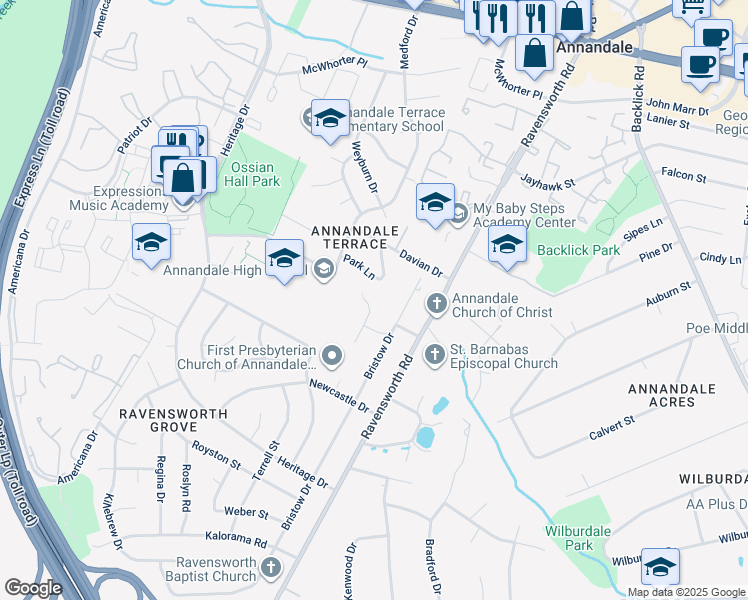map of restaurants, bars, coffee shops, grocery stores, and more near 4753 Pomponio Place in Annandale