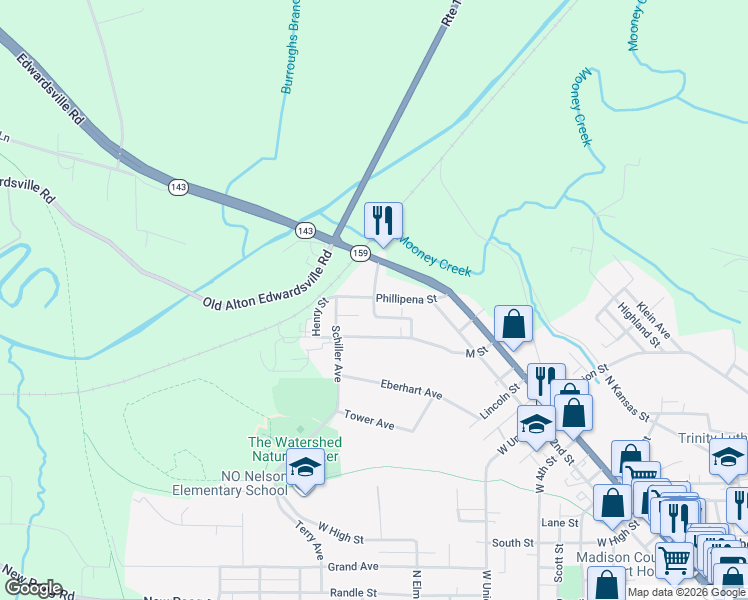 map of restaurants, bars, coffee shops, grocery stores, and more near 407 Sanner Street in Edwardsville