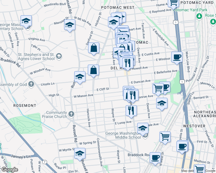 map of restaurants, bars, coffee shops, grocery stores, and more near 106 East Cliff Street in Alexandria