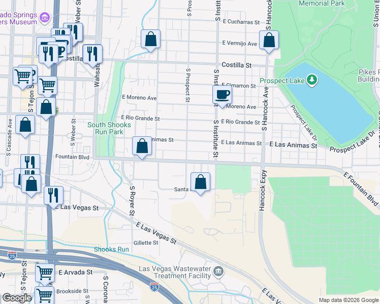 map of restaurants, bars, coffee shops, grocery stores, and more near 819 South Prospect Street in Colorado Springs