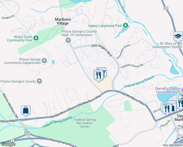 map of restaurants, bars, coffee shops, grocery stores, and more near 4913 Torbay Place in Upper Marlboro