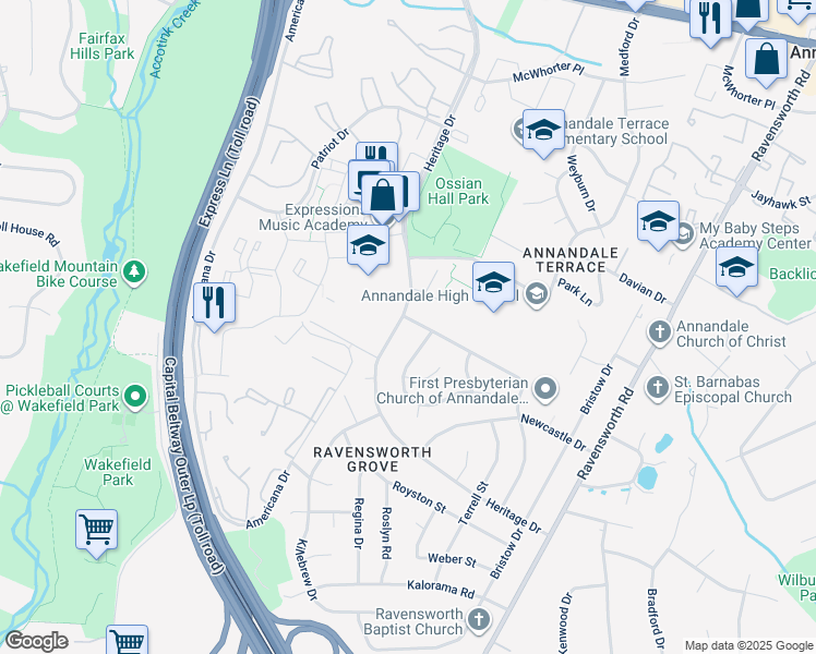 map of restaurants, bars, coffee shops, grocery stores, and more near 7836 Heritage Drive in Annandale