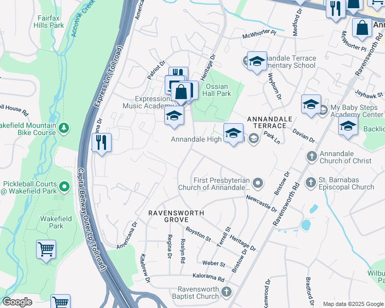map of restaurants, bars, coffee shops, grocery stores, and more near 7836 Heritage Drive in Annandale