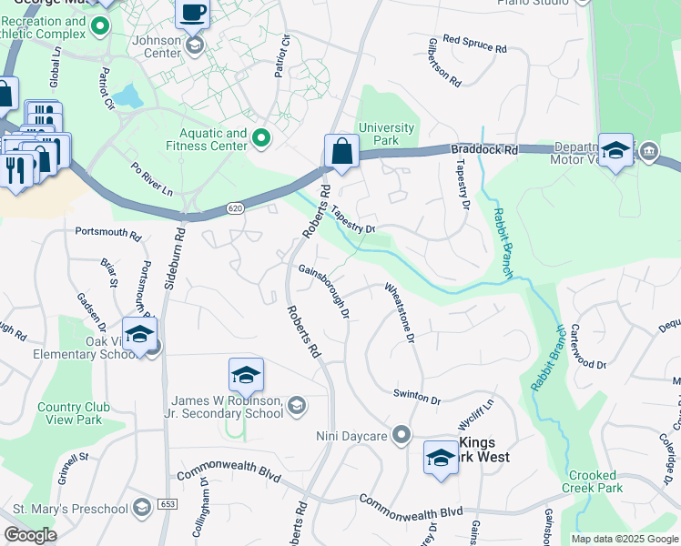 map of restaurants, bars, coffee shops, grocery stores, and more near 4837 Gainsborough Drive in Fairfax