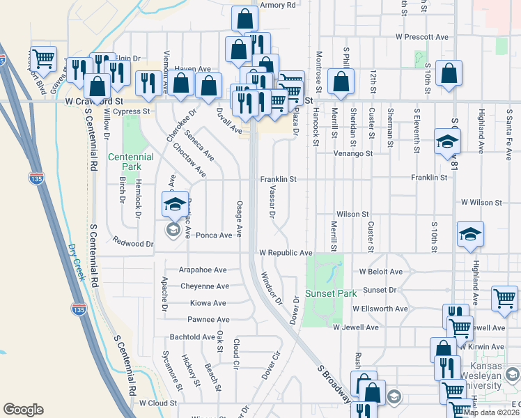 map of restaurants, bars, coffee shops, grocery stores, and more near 901 Windsor Drive in Salina